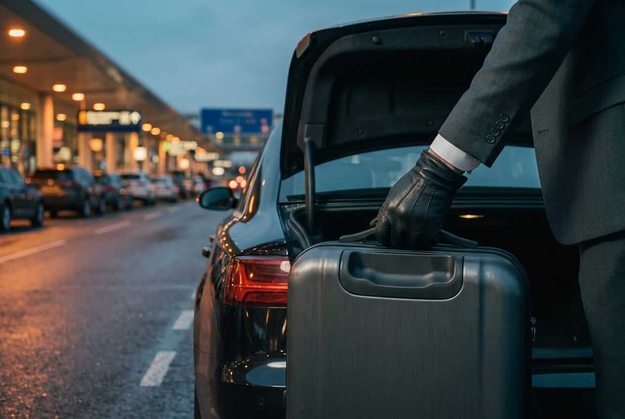 Chauffeur in a charcoal suit and black gloves loading a hard-shell suitcase into the trunk of a black luxury sedan at a Los Angeles airport terminal curb at dusk