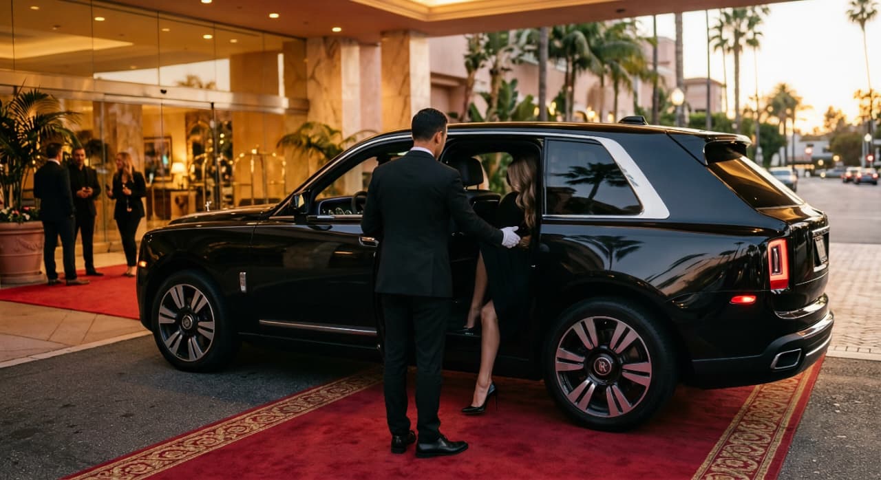 Chauffeur in white gloves assisting a guest from a black luxury SUV onto a red carpet at a Los Angeles hotel