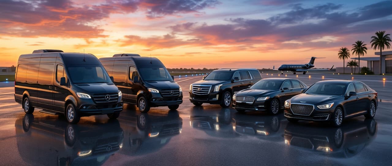 Black luxury fleet of Sprinter vans, Escalade SUV and sedans at a Los Angeles private jet terminal