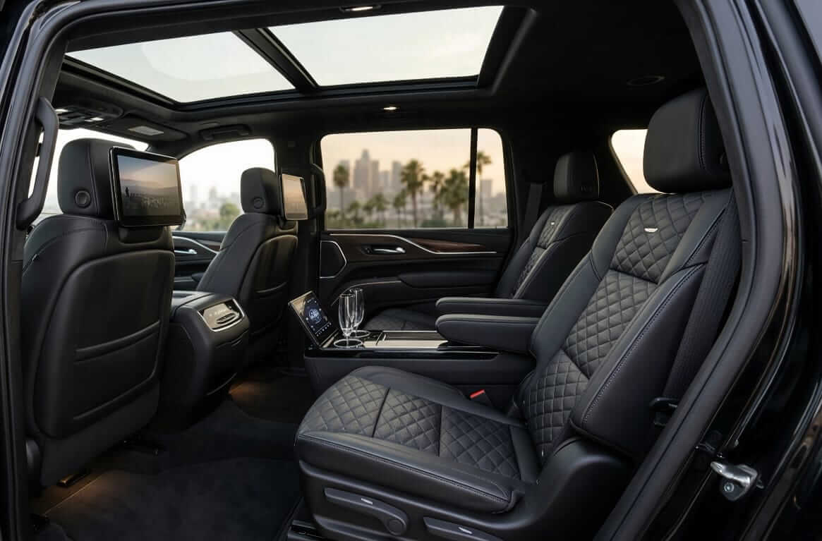Rear cabin of a luxury SUV with quilted leather captain's chairs and the Los Angeles skyline visible through the window