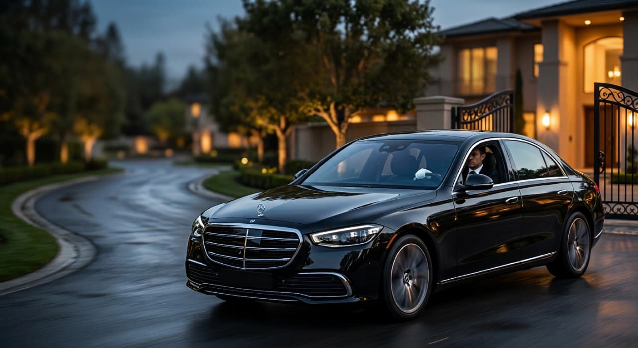 Black Mercedes-Benz S-Class first class sedan staged as a wedding getaway car