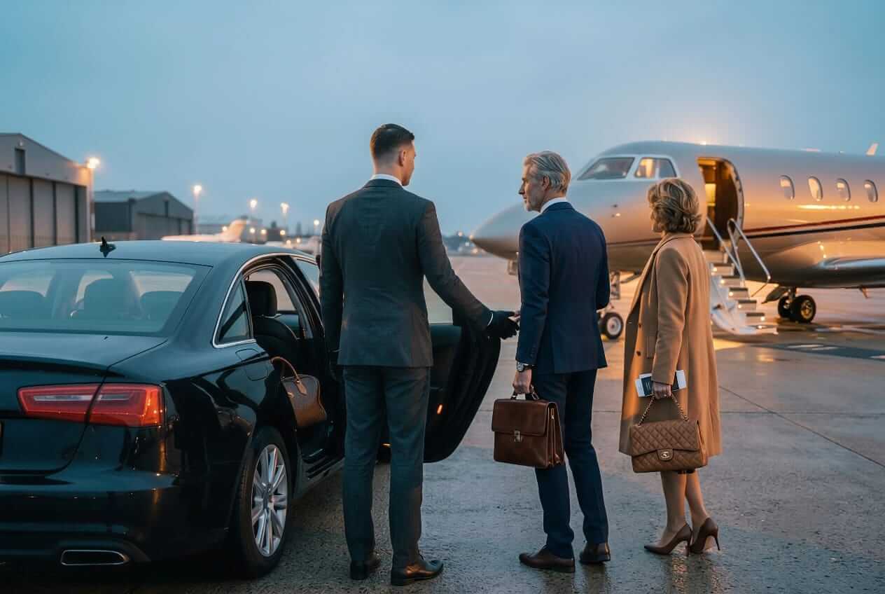 Chauffeur standing beside a black executive sedan holding the rear door open next to a private jet on the apron at a Los Angeles FBO terminal