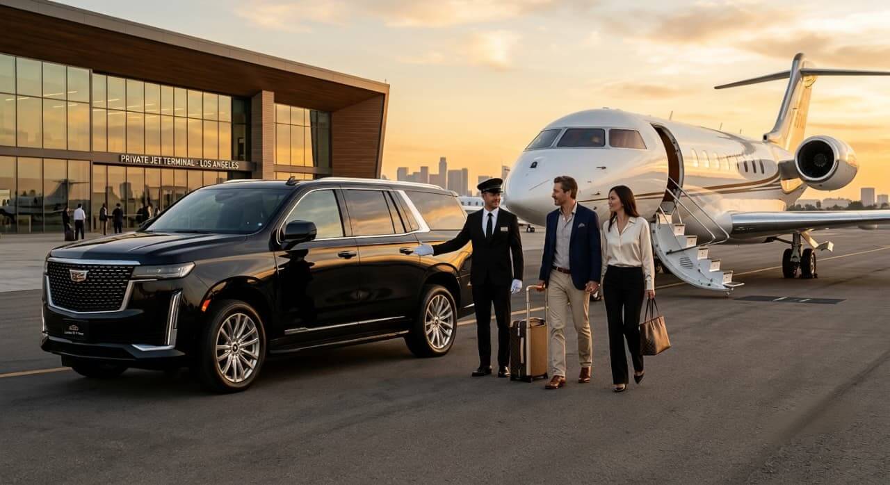 Uniformed chauffeur greeting executive travelers beside a black luxury SUV at a private jet terminal in Los Angeles